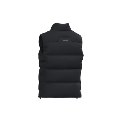 A black sleeveless puffer vest with a high mock neck collar, shown from the back on a solid white background.