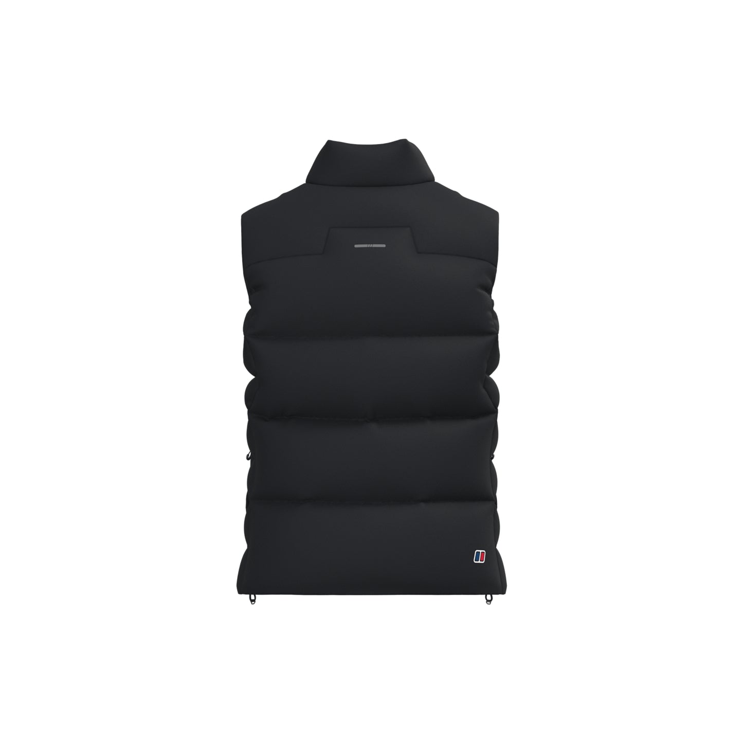 A black sleeveless puffer vest with a high mock neck collar, shown from the back on a solid white background.