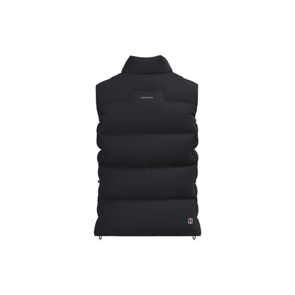 A black sleeveless puffer vest with a high mock neck collar, shown from the back on a solid white background.