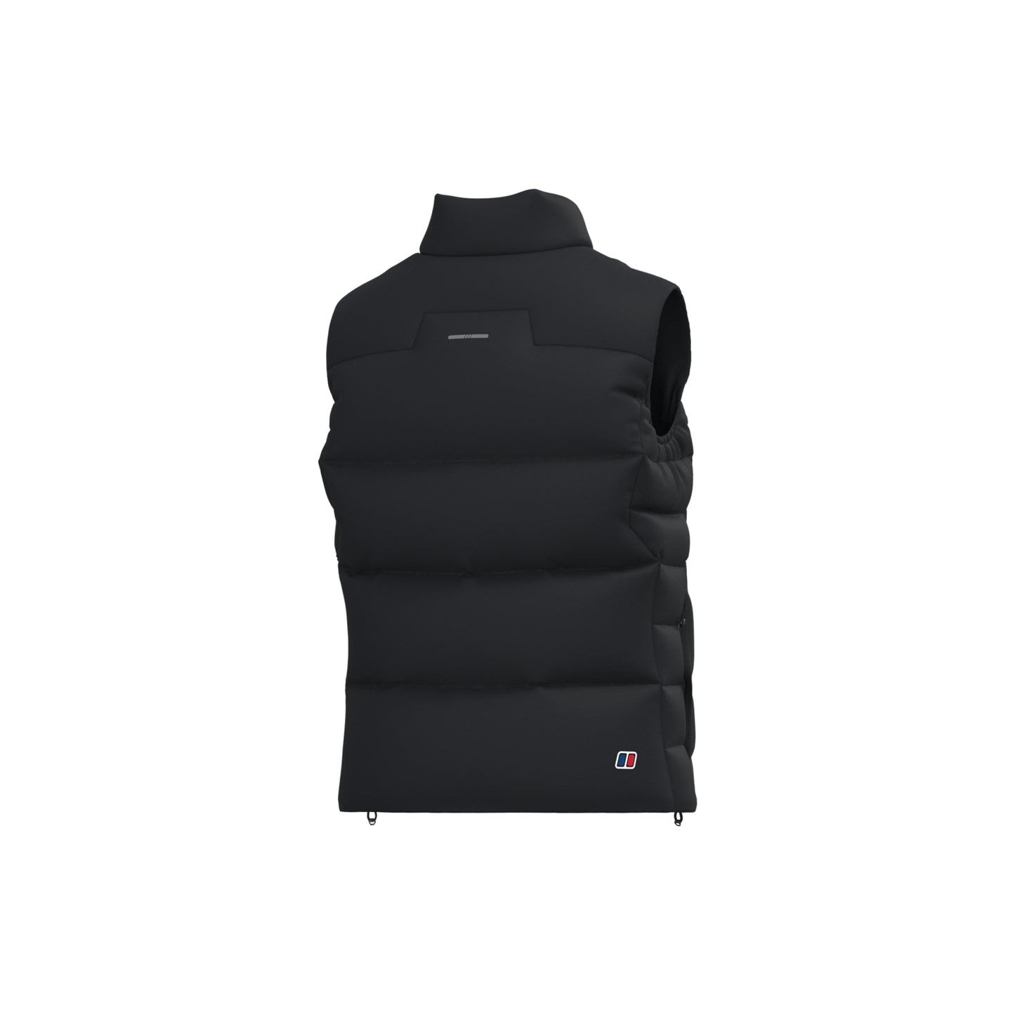A black sleeveless puffer vest with a high mock neck collar, shown from the back on a solid white background.