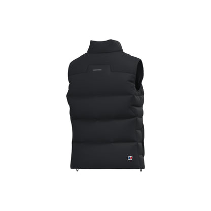 A black sleeveless puffer vest with a high mock neck collar, shown from the back on a solid white background.
