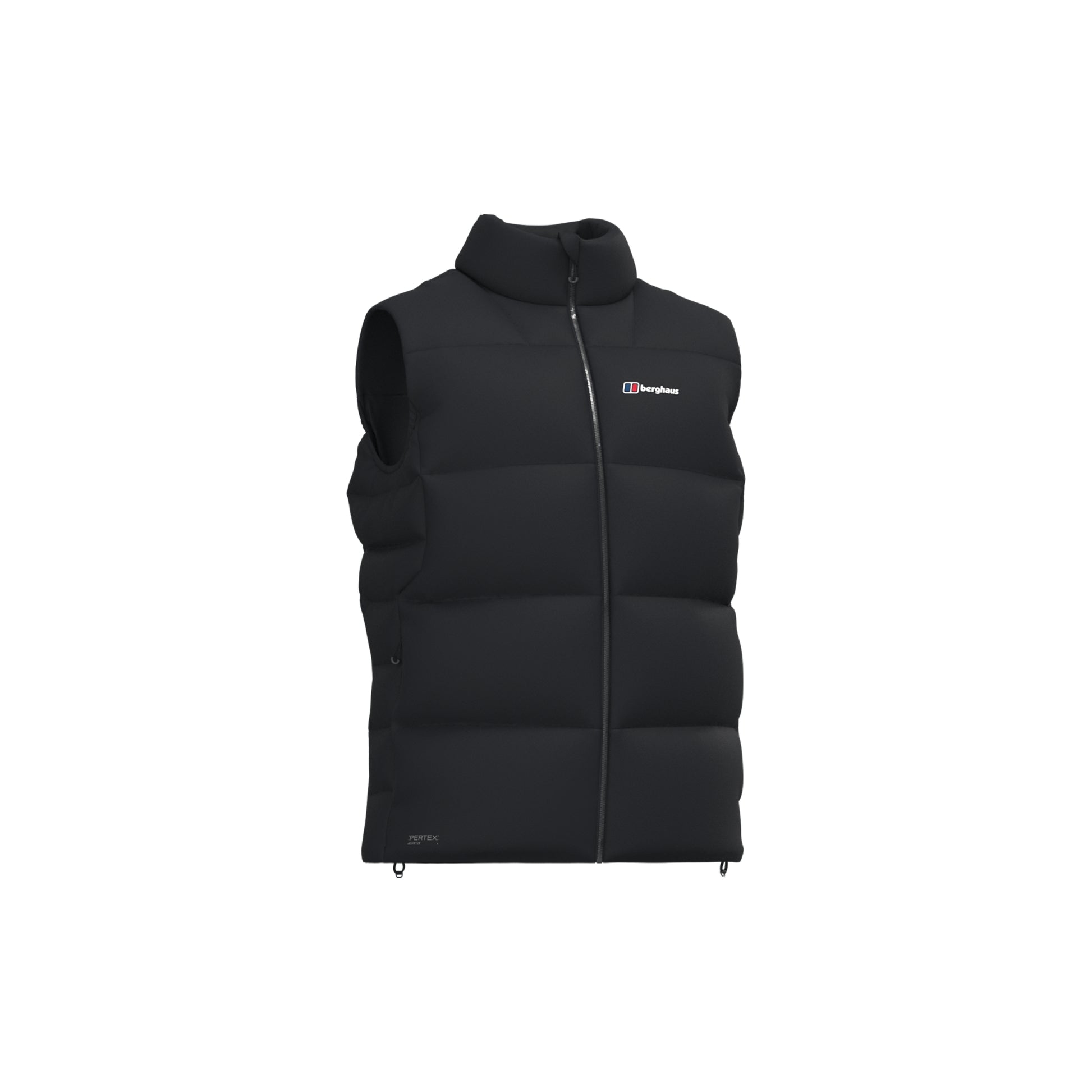 A black puffer vest with a full front zipper, mock neck collar, and a small white and blue Berghaus logo on the left chest, shown against a plain white background.