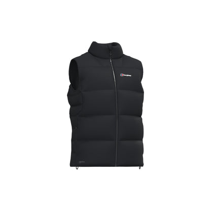 A black puffer vest with a full front zipper, mock neck collar, and a small white and blue Berghaus logo on the left chest, shown against a plain white background.