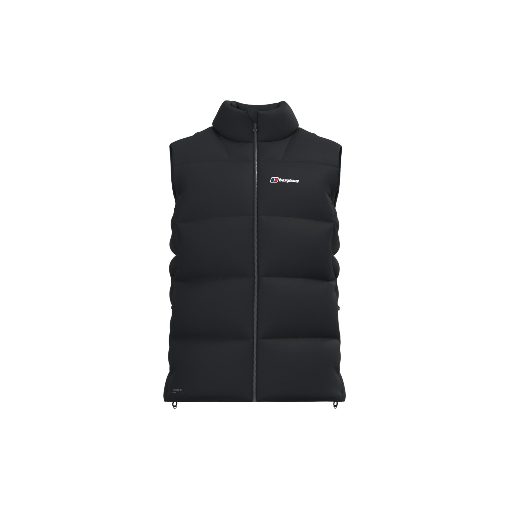 A black sleeveless puffer vest with a full front zipper, stand-up collar, and a small white and blue Berghaus logo on the left chest, shown against a plain white background.