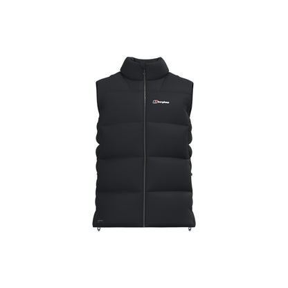 A black sleeveless puffer vest with a full front zipper, stand-up collar, and a small white and blue Berghaus logo on the left chest, shown against a plain white background.