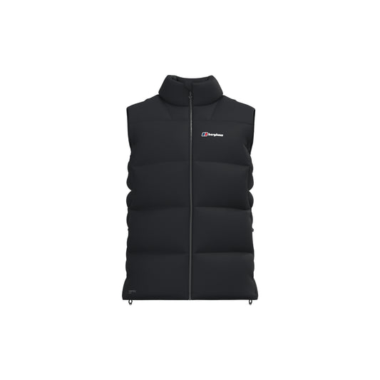 Men's dark puffer down vest with full-zip, stand collar, and chest logo