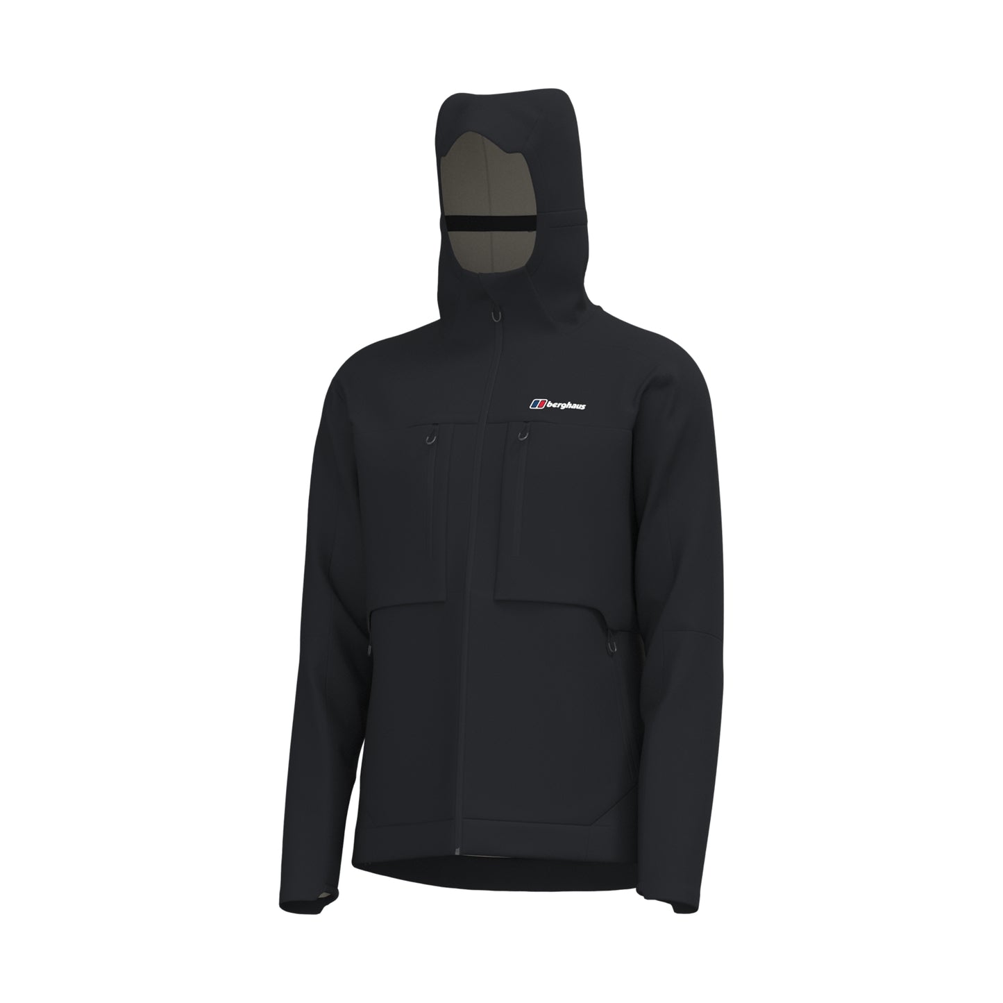 A black hooded jacket shown in a side profile view against a solid white background.