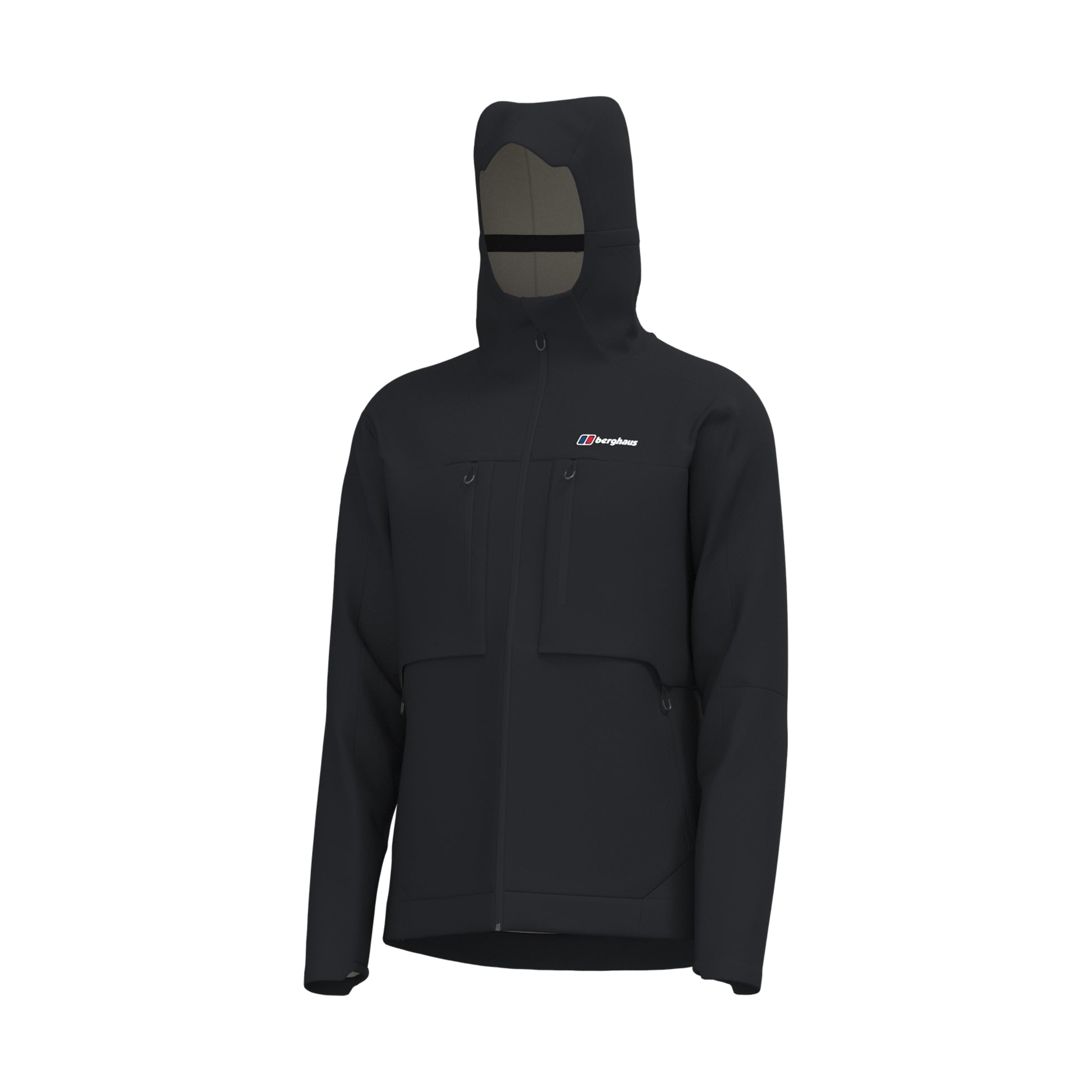 A black hooded jacket shown in a side profile view against a solid white background.