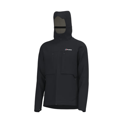 A black hooded jacket shown in a side profile view against a solid white background.