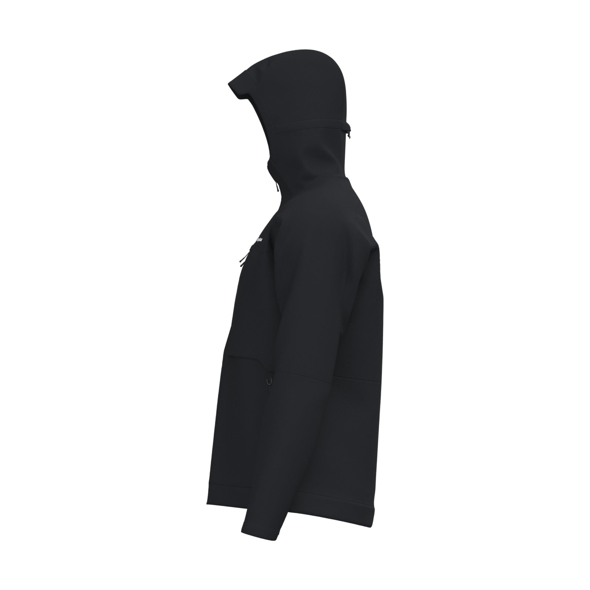 A black hooded jacket shown in a side profile view against a solid white background.