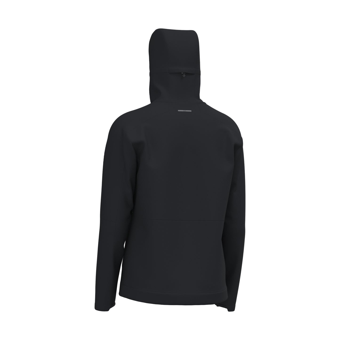 A black hooded jacket shown from the back, featuring a high hood with a zipper, long sleeves, and a front kangaroo pocket, displayed on a clean white background.