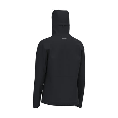 A black hooded jacket shown from the back, featuring a high hood with a zipper, long sleeves, and a front kangaroo pocket, displayed on a clean white background.