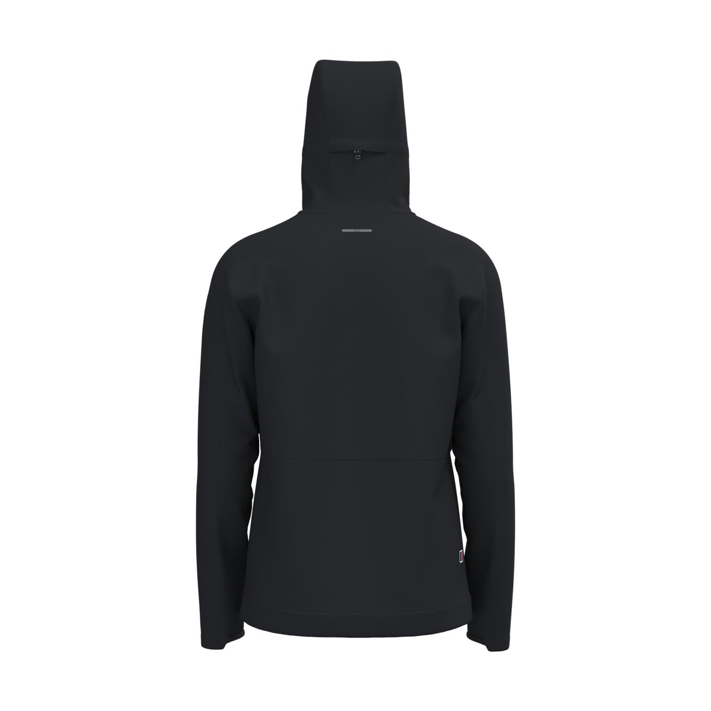 A black hooded jacket shown from the back, featuring a high collar, long sleeves, and a zippered back, displayed on a clean white background.