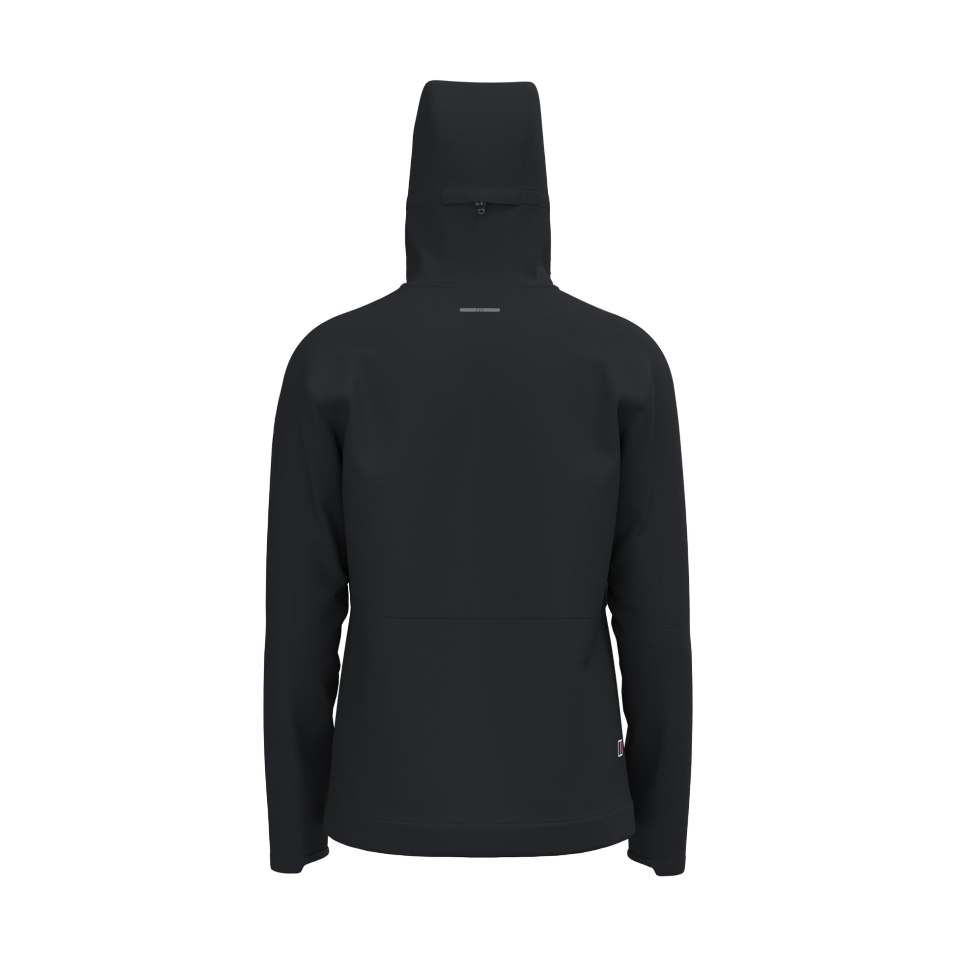 A black hooded jacket shown from the back, featuring a high collar, long sleeves, and a zippered back, displayed on a clean white background.