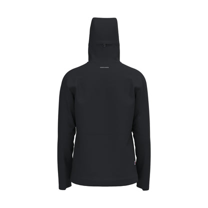 A black hooded jacket shown from the back, featuring a high collar, long sleeves, and a zippered back, displayed on a clean white background.