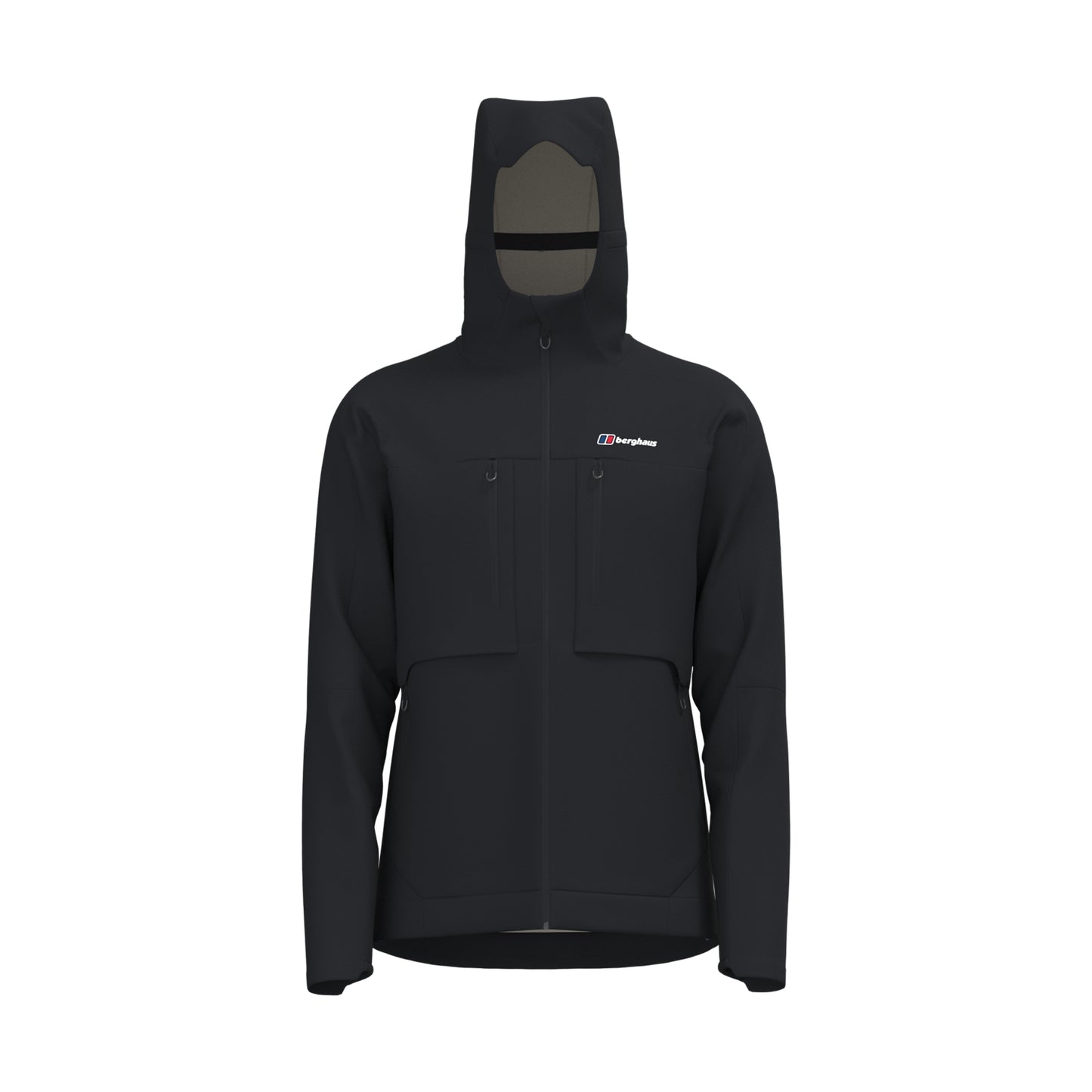 A black hooded jacket with a full front zipper, zippered chest pockets, and a small white and red Berghaus logo on the left chest, shown against a plain white background.