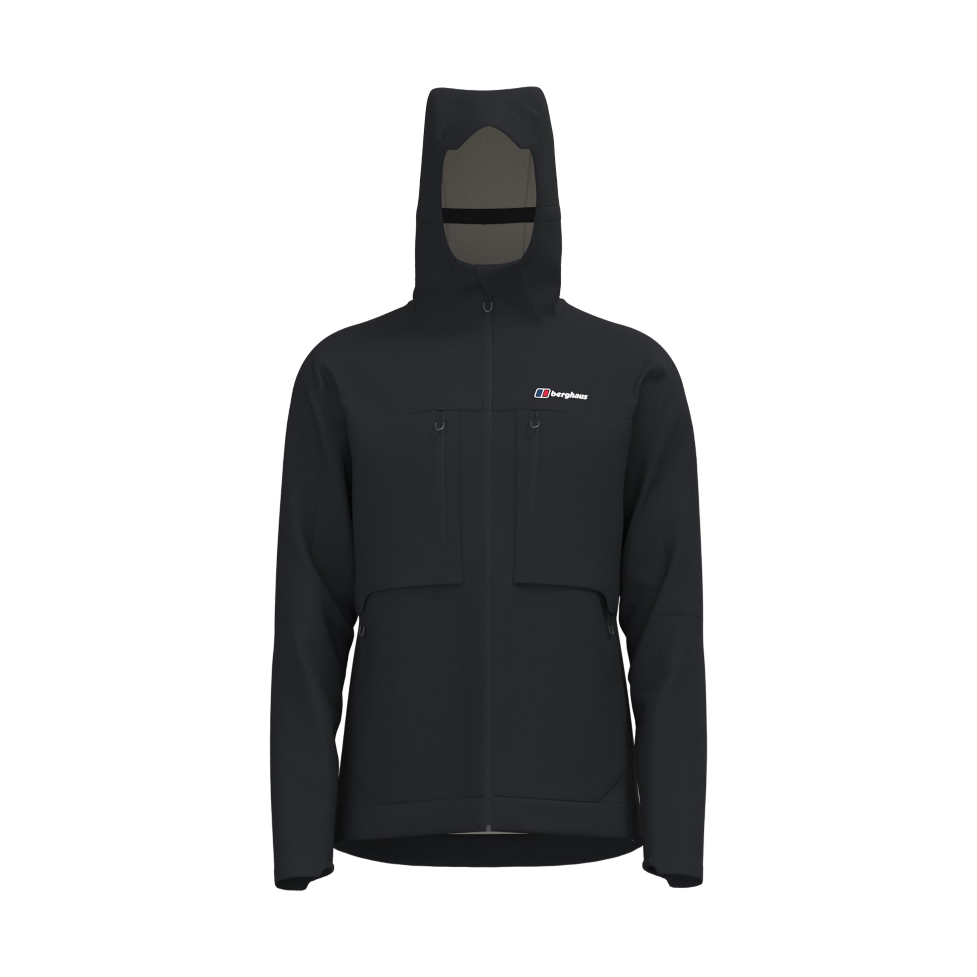 A black hooded jacket with a full front zipper, zippered chest pockets, and a small white and red Berghaus logo on the left chest, shown against a plain white background.