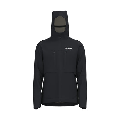 A black hooded jacket with a full front zipper, zippered chest pockets, and a small white and red Berghaus logo on the left chest, shown against a plain white background.