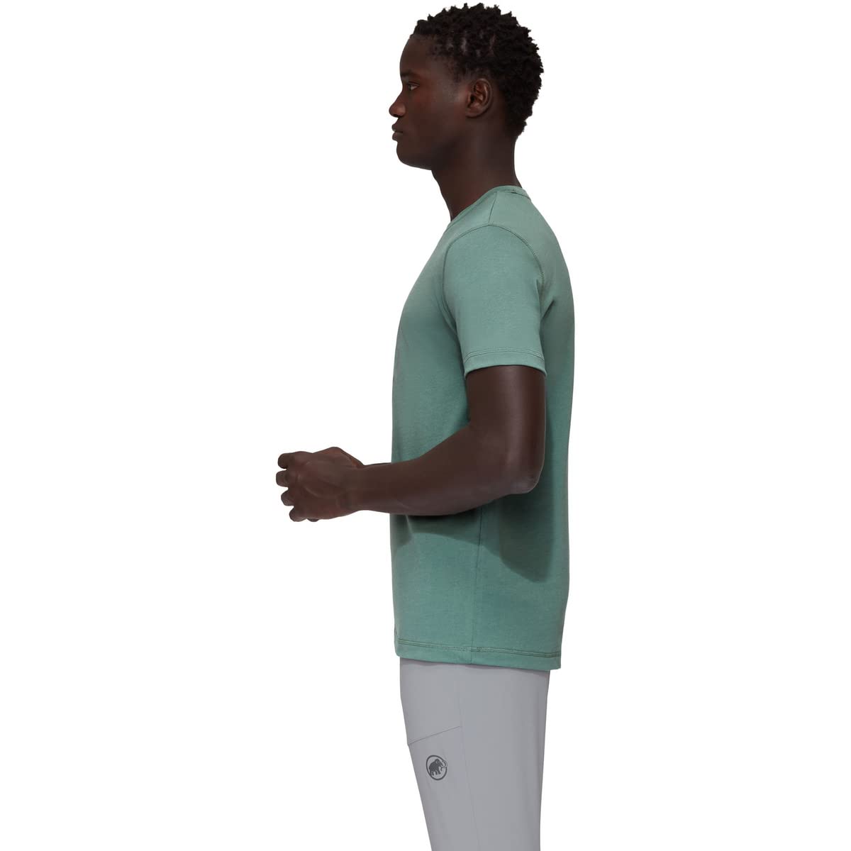 Men’s short-sleeve T-shirt, teal green shown from the side