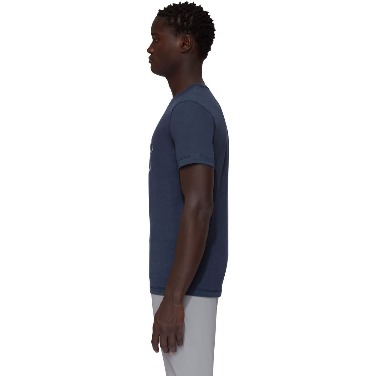 Men's short-sleeve T-shirt in dark navy, crew neck, side profile