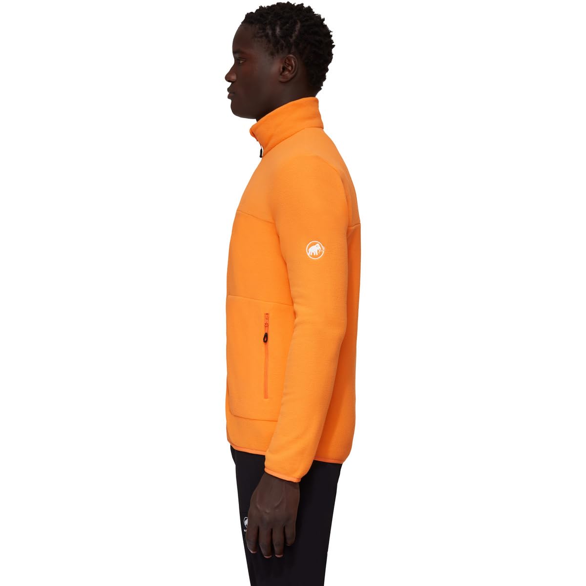 Men's orange fleece jacket, side view with stand collar