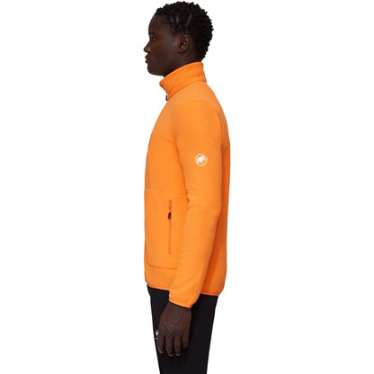 Men's orange fleece jacket, side view with stand collar
