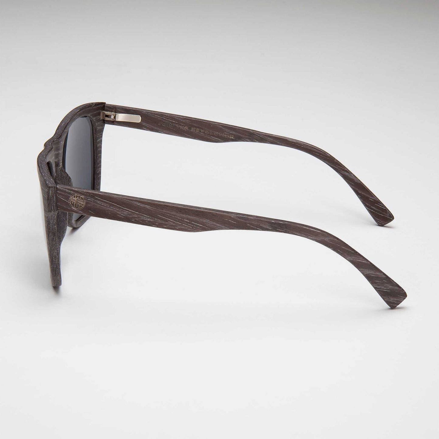 Black wood-look sunglasses side view with slender curved temple arms