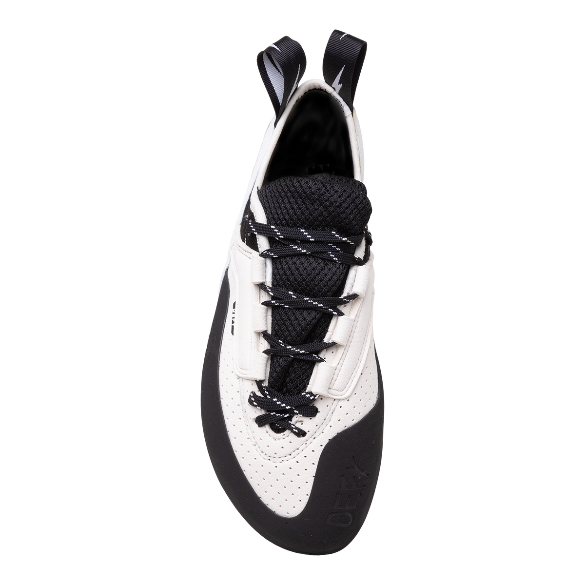 Climbing shoes lace-up, side view, white and black textured upper, padded tongue