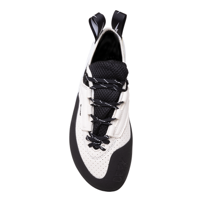 Climbing shoes lace-up, side view, white and black textured upper, padded tongue