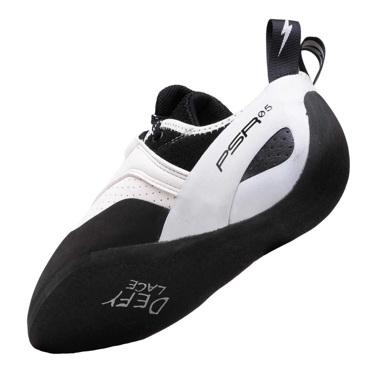 Climbing shoes with lace-up closure, white and black upper, black rubber sole edge