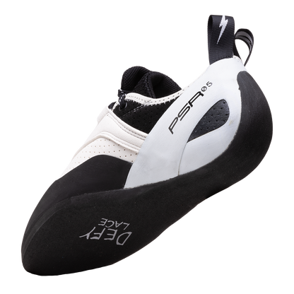 Climbing shoes with lace-up closure, white and black upper, black rubber sole edge