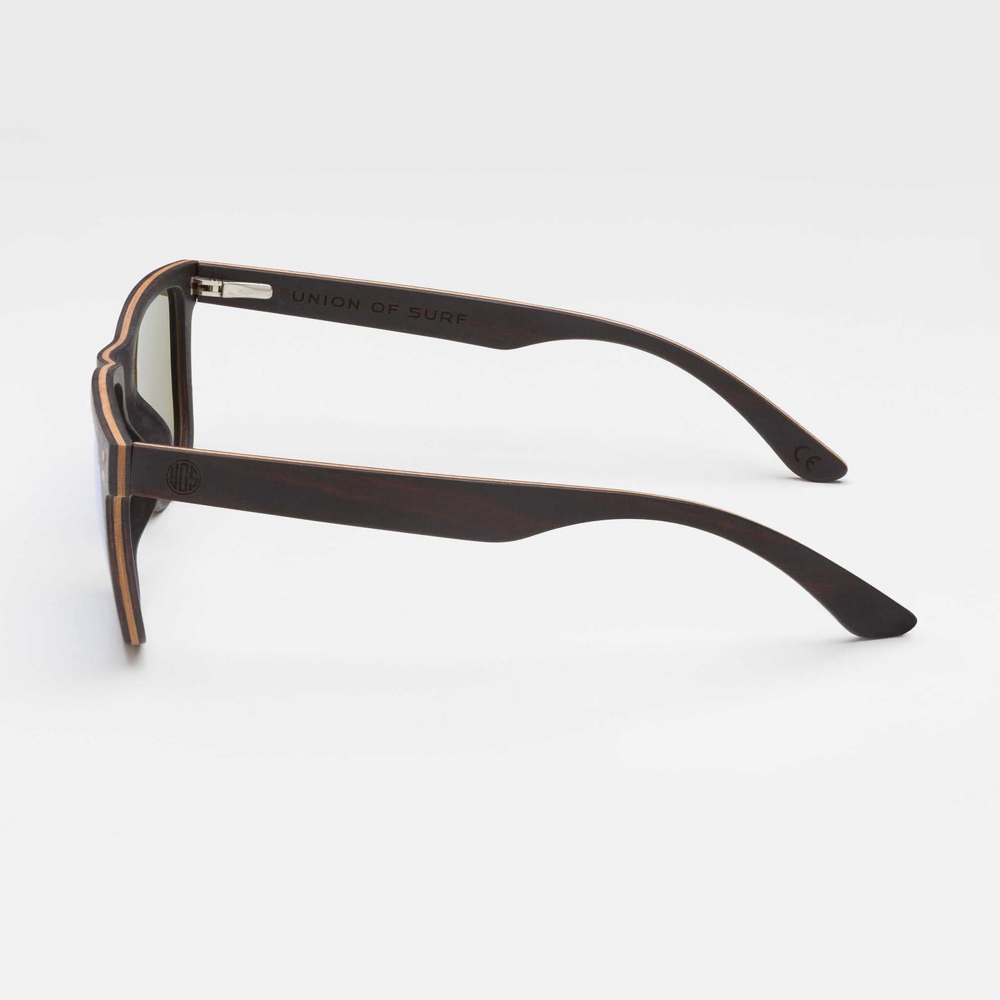 Sunglasses side profile with dark frames and clear bridge details.