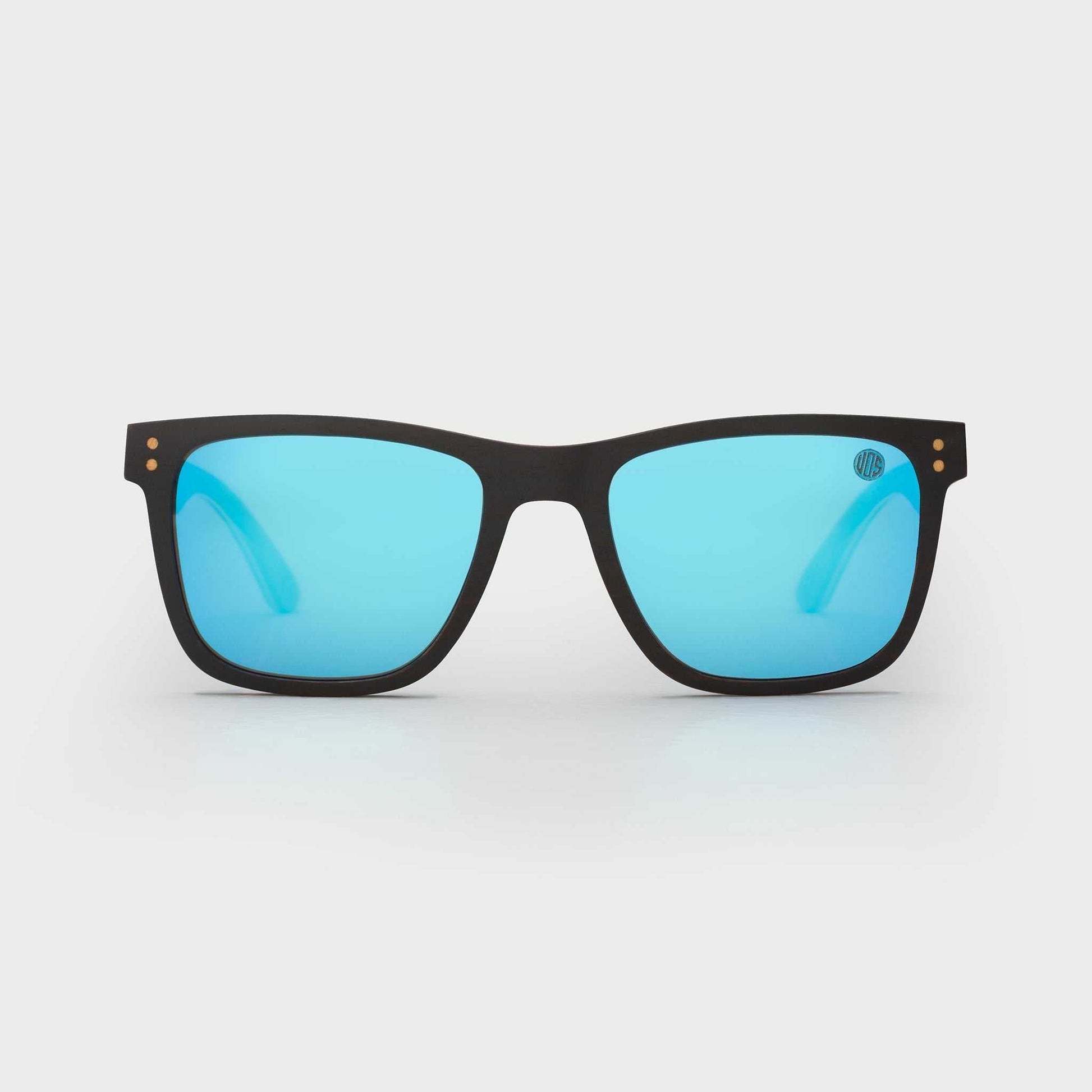 Front view of square sunglasses with black frames and blue mirrored lenses.