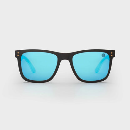 Front view of square sunglasses with black frames and blue mirrored lenses.