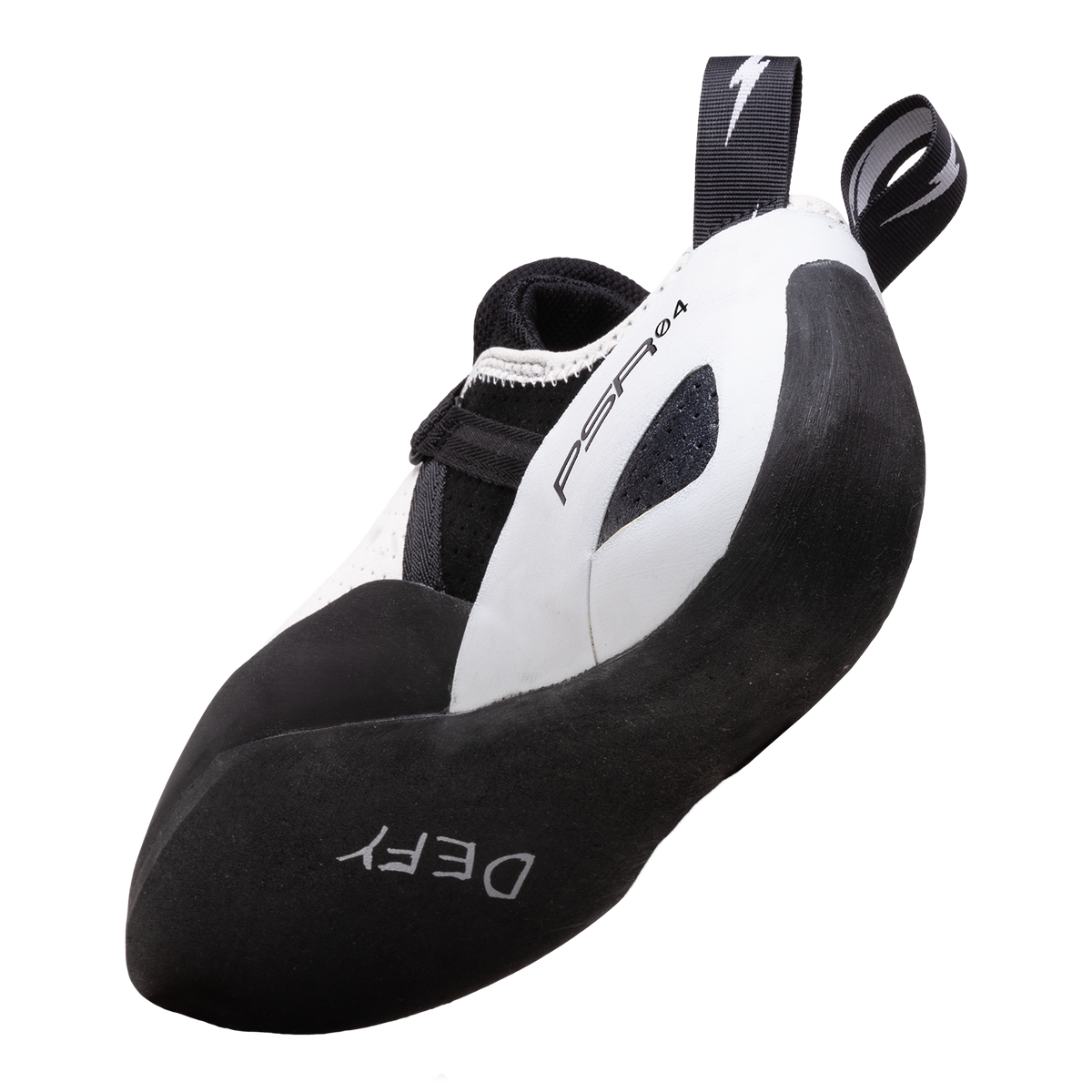 Evolv Defy climbing shoes, side view, white upper with black panels and thick sole