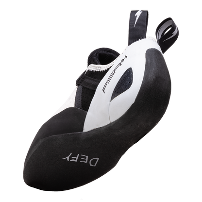 Evolv Defy climbing shoes, side view, white upper with black panels and thick sole