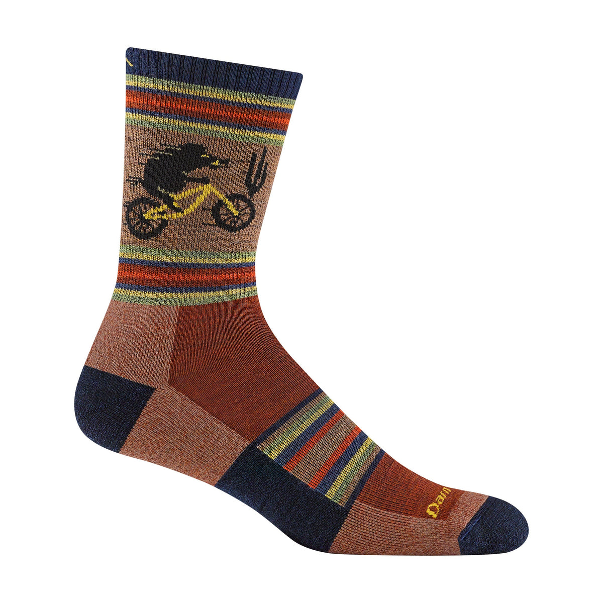 Men's micro crew hiking socks, brown/navy striped with animal graphic