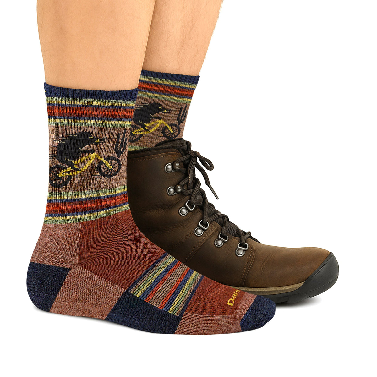Men's micro crew hiking socks on boots, brown/navy animal graphic