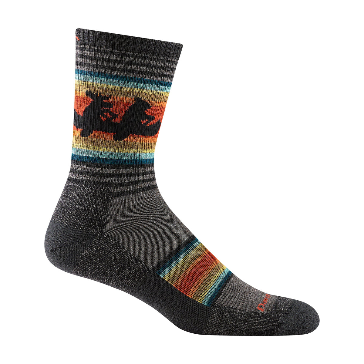 Men's micro crew hiking socks, dark gray with brown/orange striped animal graphic