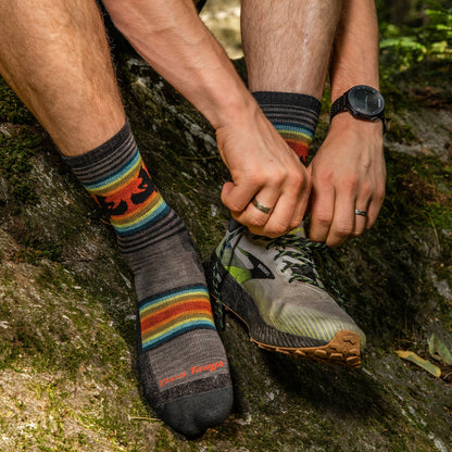 Men's micro crew hiking socks, dark charcoal with multicolor striped animal pattern