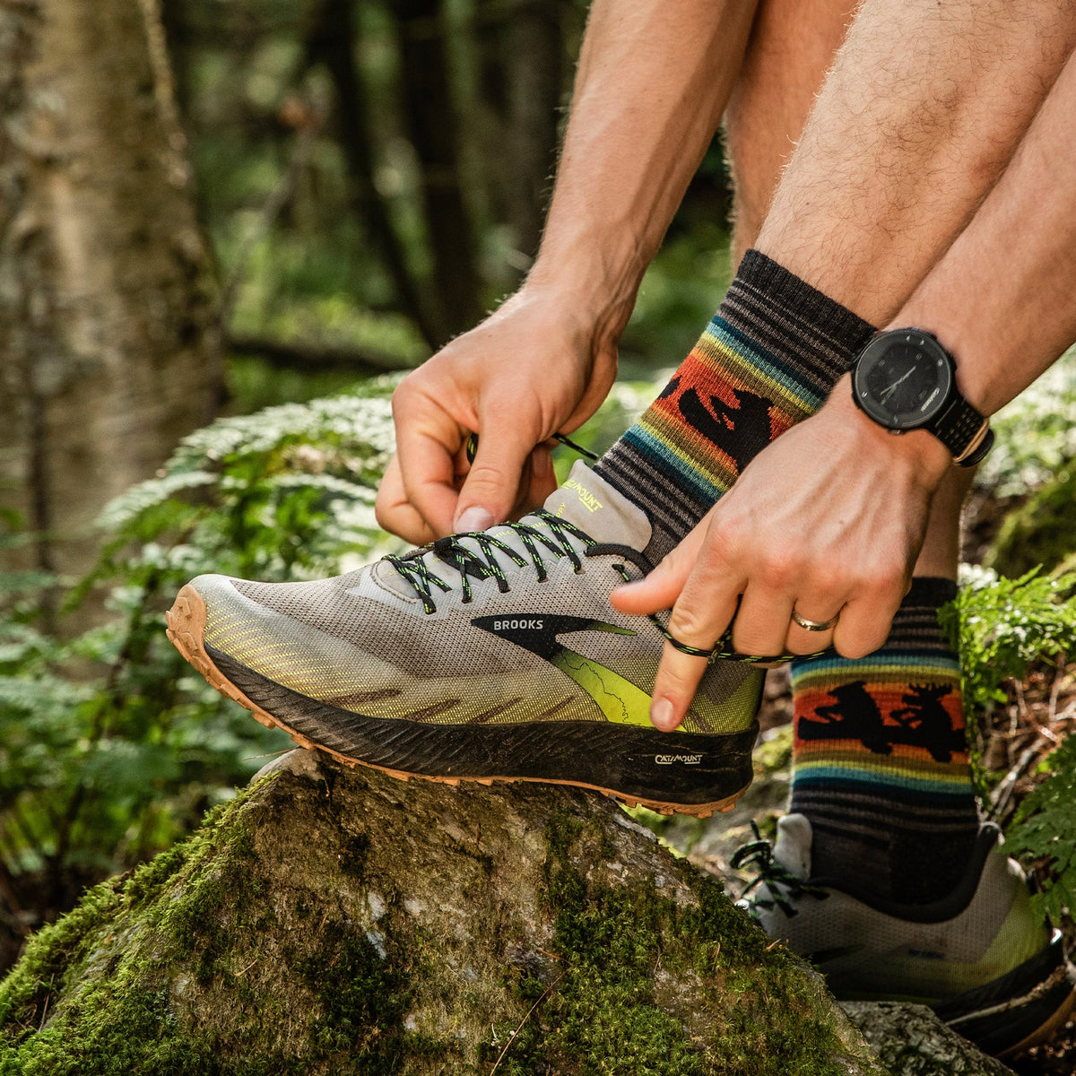 Men's micro crew hiking socks, dark charcoal with multicolor striped animal motif and ribbed cuff