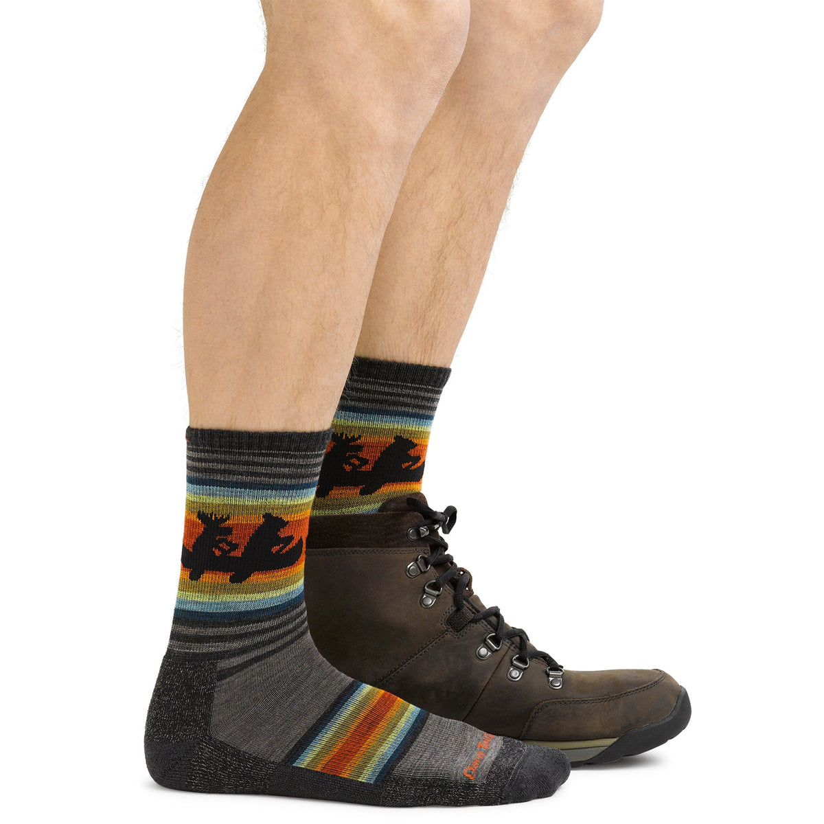 Men's micro crew hiking socks with boots, dark gray and striped animal graphic