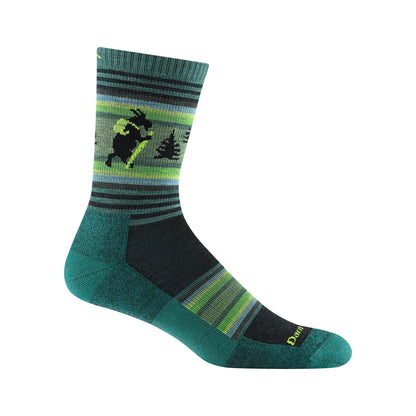 Men's micro crew hiking socks, green striped with black toes and animal graphic