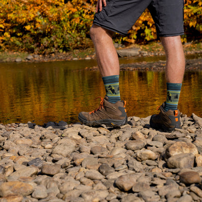Men's micro crew hiking socks by water, green striped animal graphic