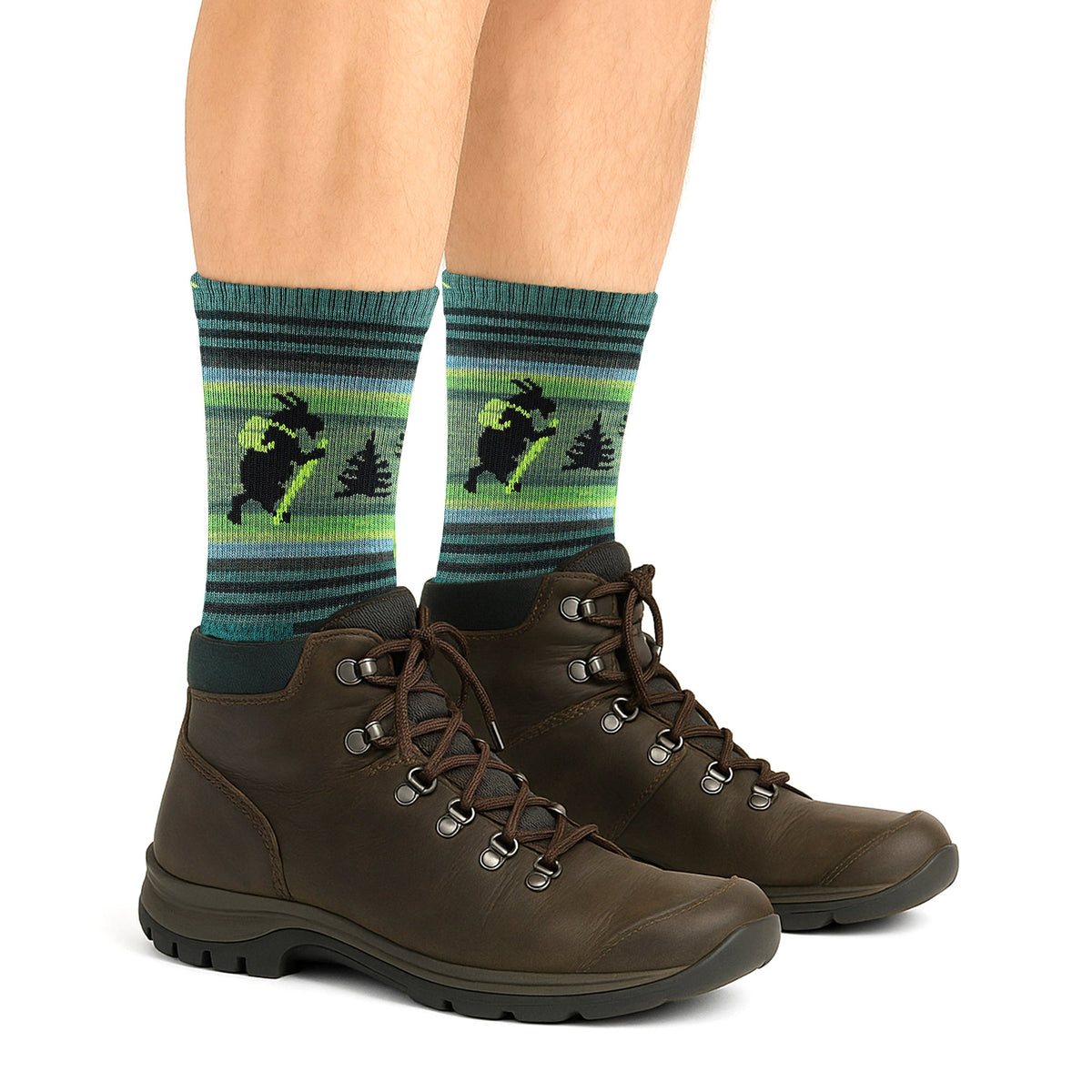 Men's micro crew hiking socks on boots, green stripes and animal graphic