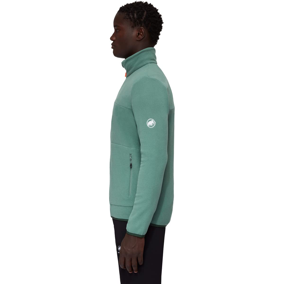 Men’s lightweight fleece jacket, teal-green, side profile with zipped sleeve pocket