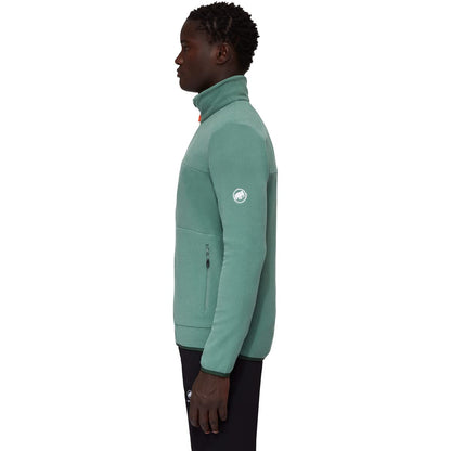 Men's light fleece jacket on model, light green side view with full zip