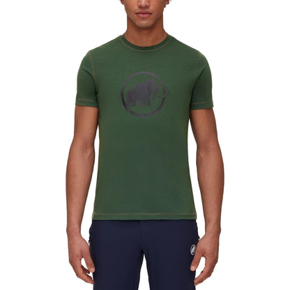 Men's short-sleeve T-shirt in dark green with circular elephant logo graphic