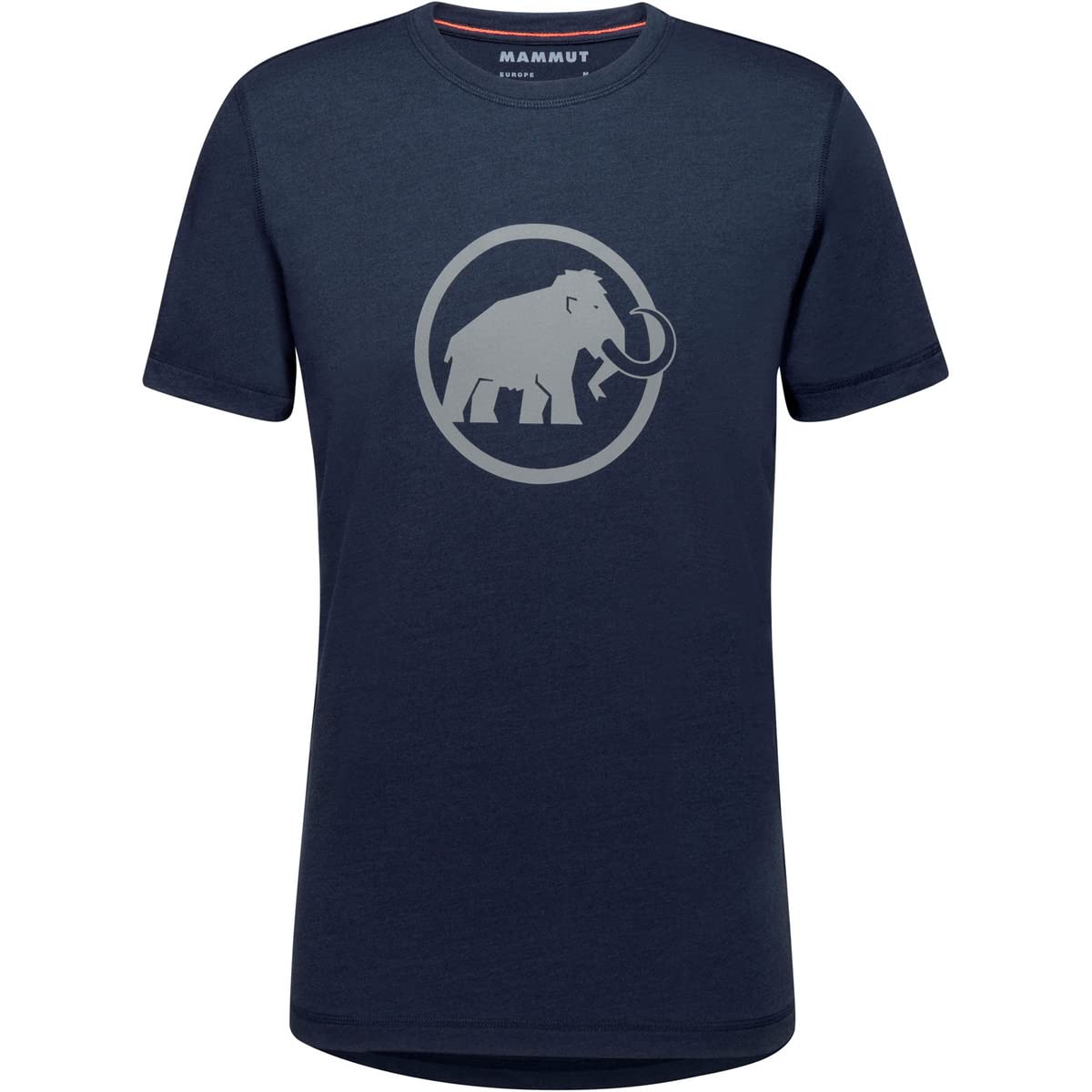 Men's short-sleeve T-shirt in navy with gray circular elephant logo print