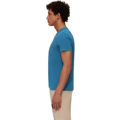 Men's short-sleeve T-shirt in medium blue, crew neck, side view